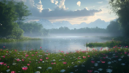 Mountain lake sunrise renders atmospheric floral foreground