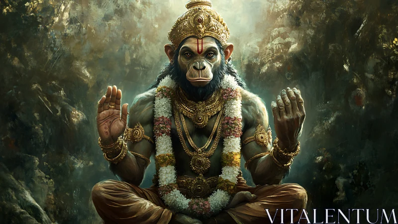 Regal simian deity in ornate meditative splendor.
