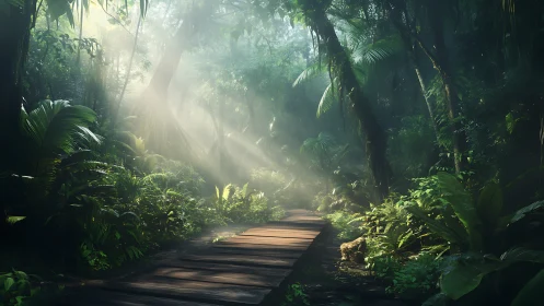 Wooden pathway through dense tropical forest canopy with diffused light