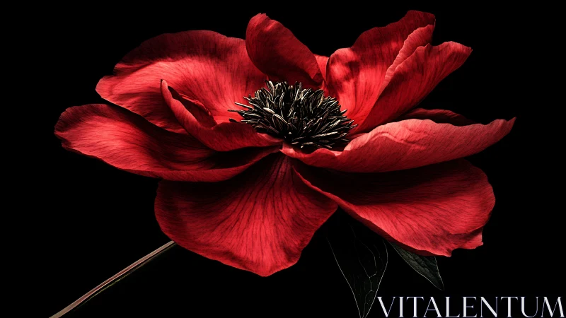 Deep Red Anemone Flower Against Black Background.