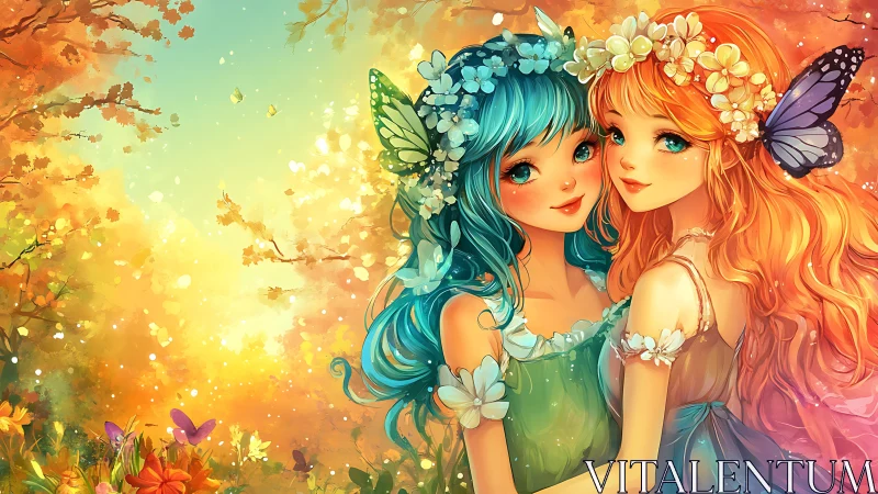 Twin fairy girls in luminous floral meadow, butterfly crowns