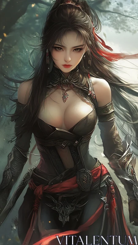 Warrior sorceress in dark leather armor with red accents.