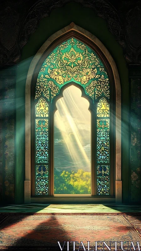 Sunlit arabesque window frames pastoral valley landscape