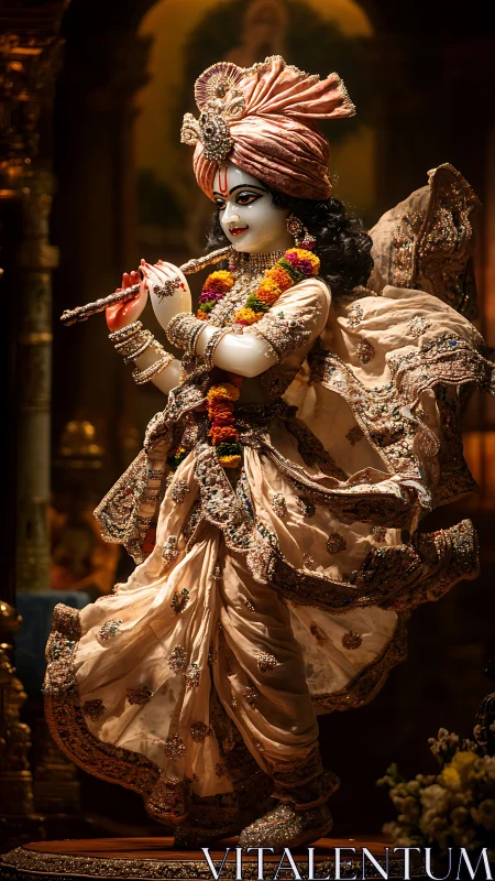 Ornate devotional sculpture of flute player in temple light.