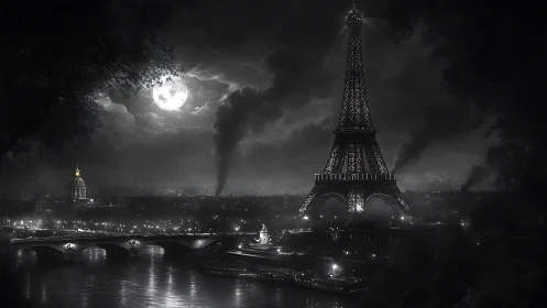 Moonlit Paris skyline glows softly under dramatic clouds