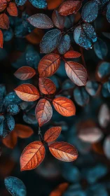 Dew-covered orange and blue foliage under soft bokeh light.