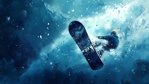 Storm-carving snowboarder slicing through frozen starlight.