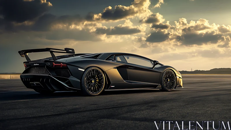 Sunlit supercar waits calmly on an open runway at dusk