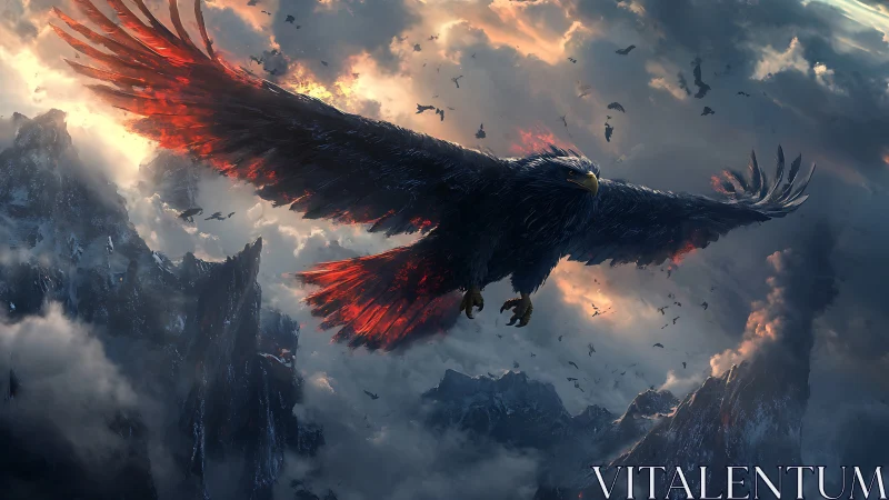 Volcanic-plumed war eagle traversing storm-laden alpine skies.