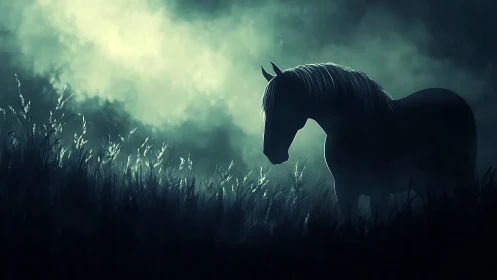 Lone horse stands in moonlit mist, wrapped in quiet mystery