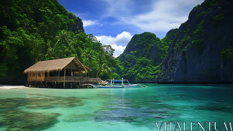 Thatched Boathouse in Tropical Lagoon with Limestone Karst Formations