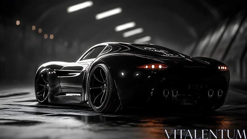 Black sports car sits in dim tunnel with reflective floor