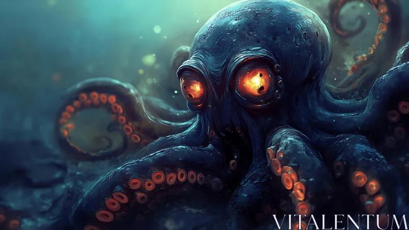 Bioluminescent octopus creature dominates dark seafloor scene