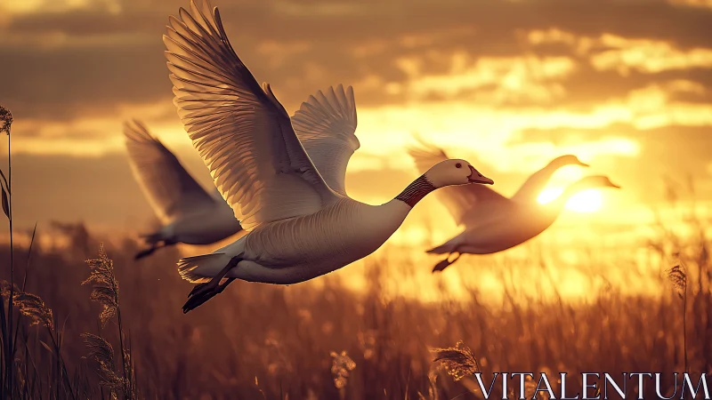 Migrating geese fly over tall grassland against bright sunset