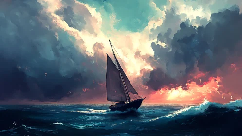 Stormlit sloop under volumetric clouds at turbulent dusk.