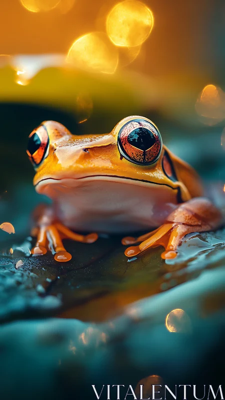 Golden tree frog gazes softly under dreamy evening lights