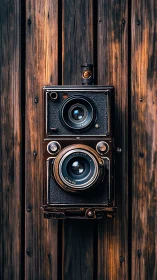 Vintage twin‑lens camera aligned on rustic wood boards.