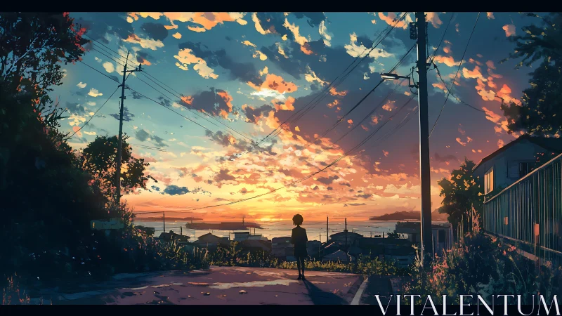 Solitary child watching vivid coastal sunset sky.