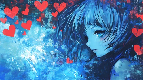 Blue-haired anime girl gazes amid vivid red hearts