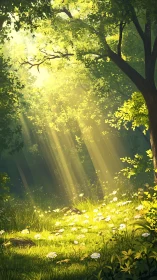 Sunlit forest clearing shows dense foliage and bright meadow
