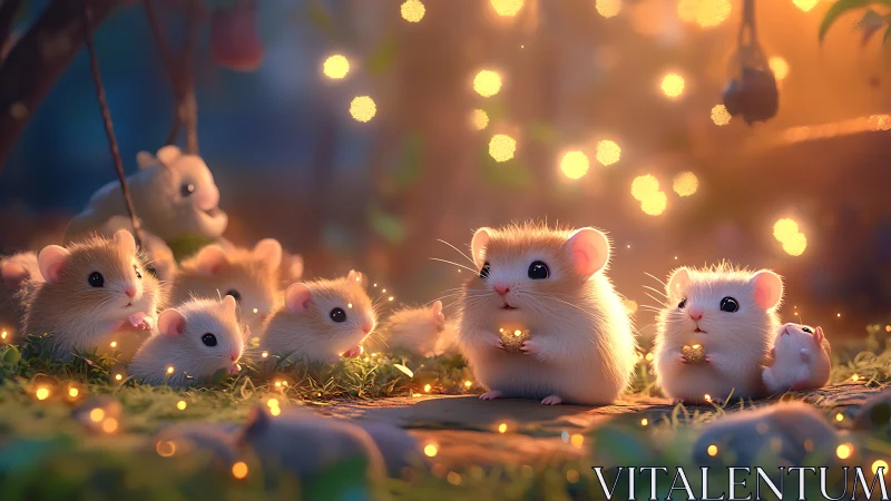 Group of small rodents in illuminated forest clearing at dusk.