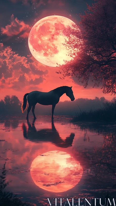 Silhouetted horse at crimson supermoon over reflective marsh