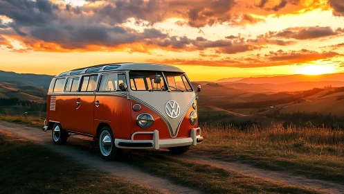 Vintage Volkswagen van is parked on a rural dirt road at sunset