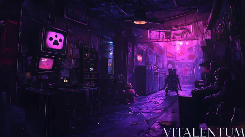 Neon lit cyberpunk alley with arcade screens and figures.