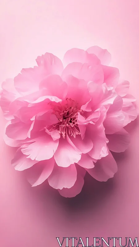 Soft macro pink peony bloom on blurred pastel backdrop.