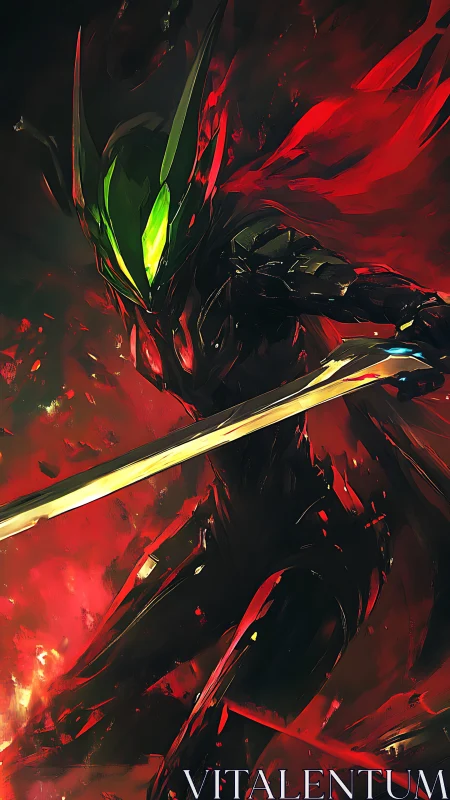 Cybernetic swordsman with neon visor in inferno scene.