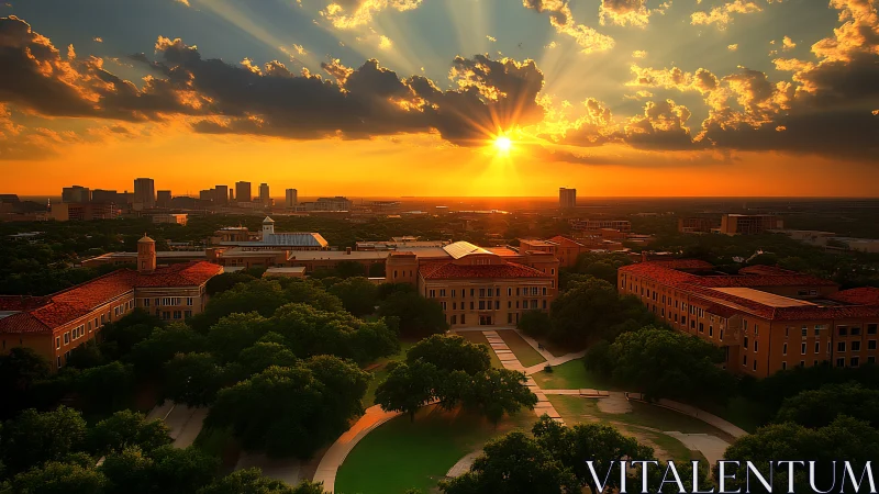 Golden hour campus skyline renders dramatic atmospheric depth