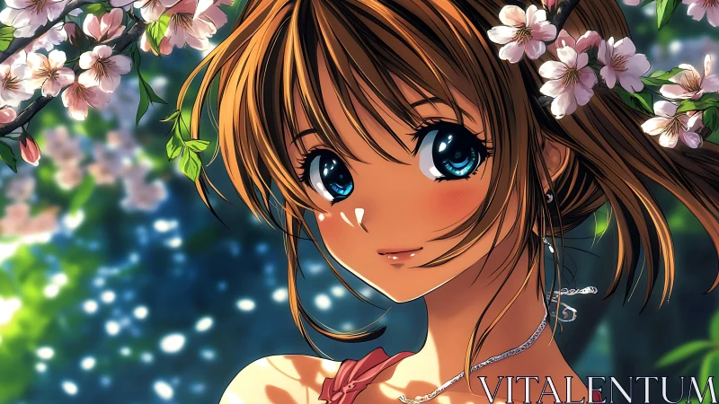 Blossom-crowned anime girl smiles in a dreamy spring garden