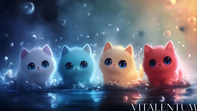 Four Fluffy Anthropomorphic Cats in Glowing Ethereal Environment