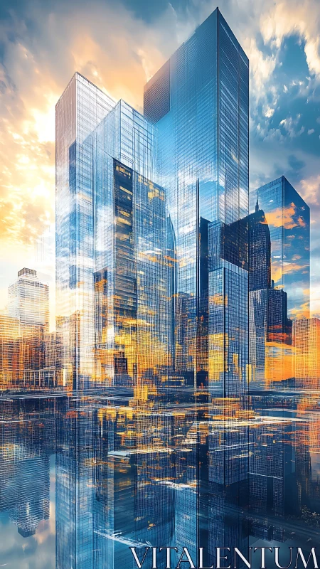 Modern Glass Towers with Sunset Sky Reflection