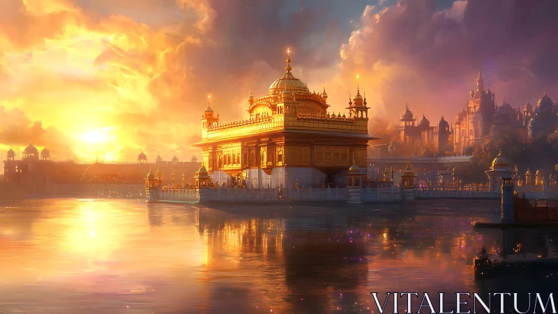 Golden temple drifts in ember clouds above mirrored waters.
