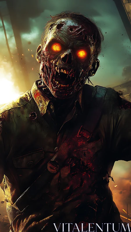 Glowing-eyed zombie soldier advances through burning battlefield