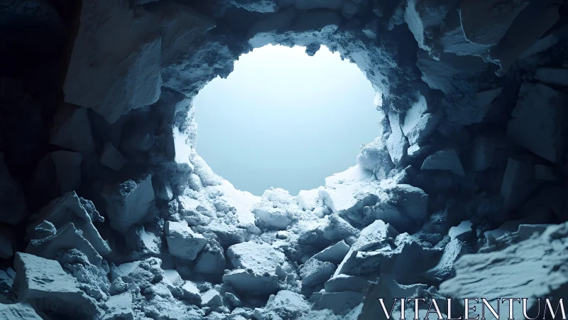 Sunlit Cave Opening with Rocky Icy Debris in Photorealistic Style.