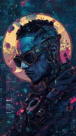 Cybernetic street hero stands before neon data halo.