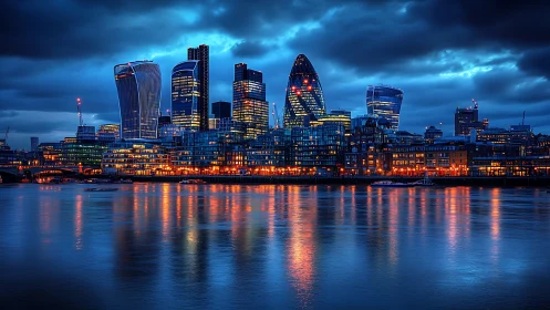 London financial district skyline at blue hour across Thames.