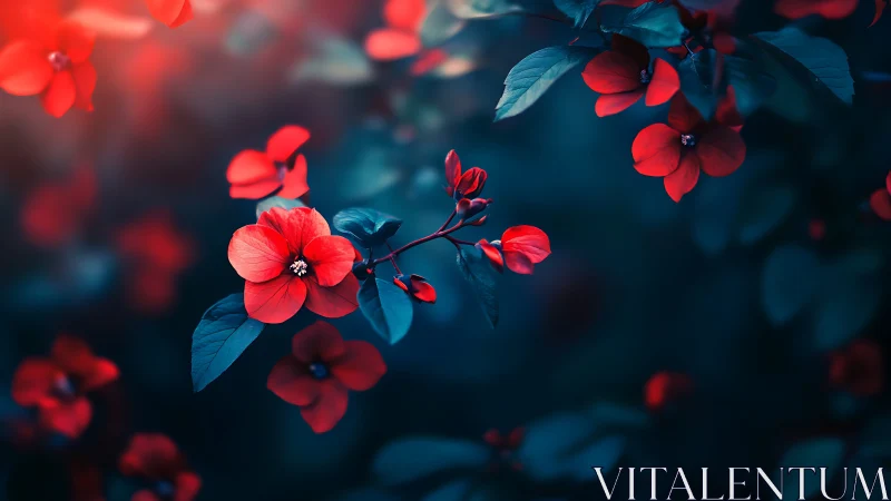 Red Flowers Against Deep Teal Background with Selective Focus Depth.