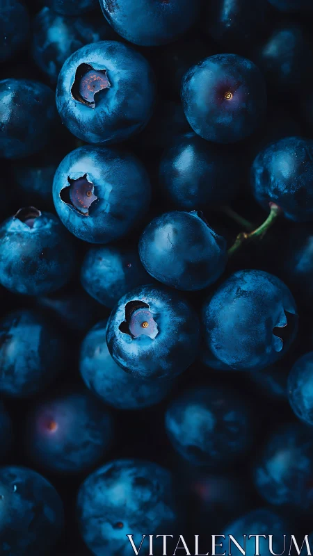 Macro closeup captures ripe blueberries in deep blue tones.