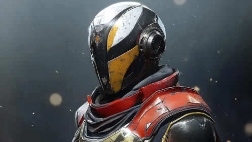 Quiet guardian in battleworn sci‑fi armor gazes ahead.