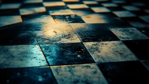 Grungy Vintage Checkerboard Floor with Moody Lighting Effect.