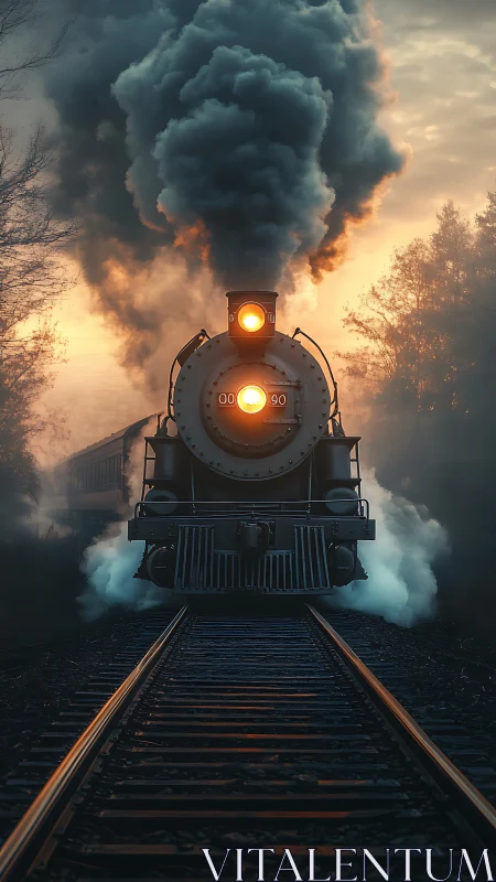 Steam titan storms dawn tracks in cinematic ember haze.