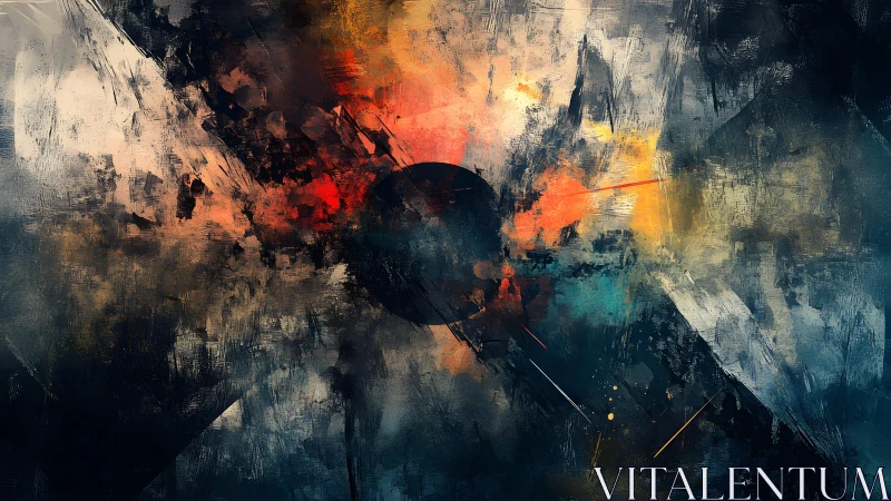 Abstract cosmic explosion with dark center in textured paint style.