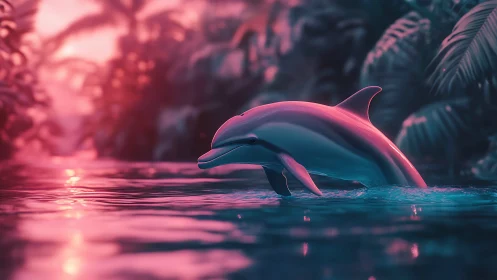 Neon-lit dolphin gliding through tropical lagoon at dusk.