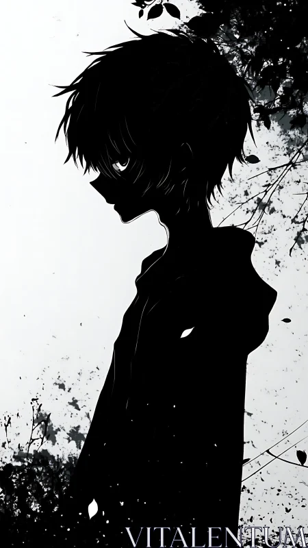 Quiet shadowed boy in monochrome forest daydream.