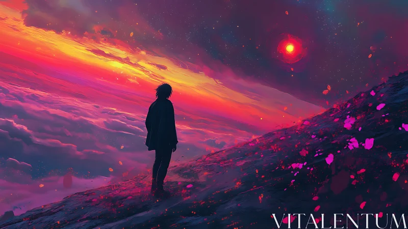 Solitary figure contemplates a cosmic neon sunset above clouds