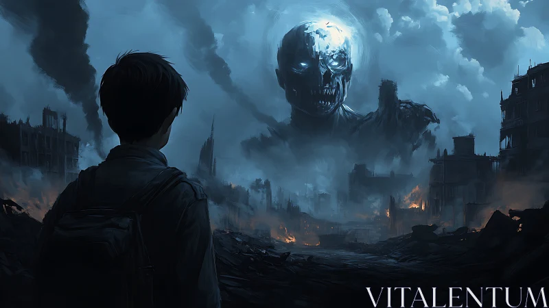 Post-apocalyptic juvenile observer facing colossal necro-cloud titan.