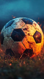 Weathered soccer ball glows against cool blurred background